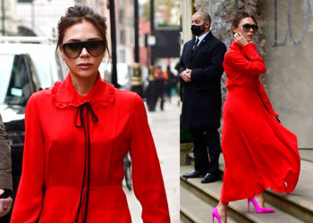 #OK! #StreetStyle ვიქტორია ბექჰემი! დიზაინერი 1,490 ფუნტის ღირებულების წითელ კაბას ვარდისფერ ფეხსაცმელს უხამებს!